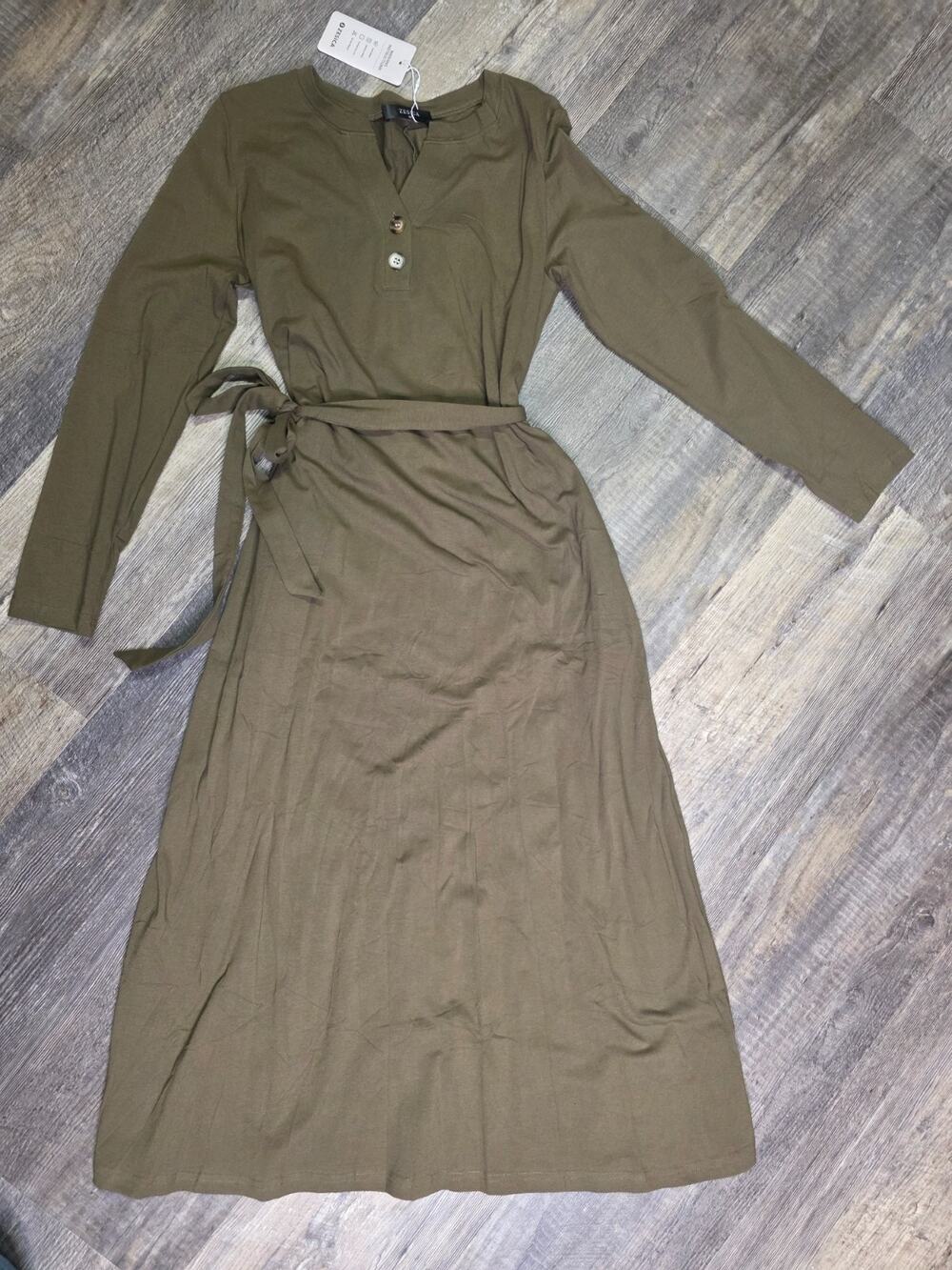 Zesica Womens Medium Dress Olive Green V-Neck Long Sleeve Belted Maxi Pockets